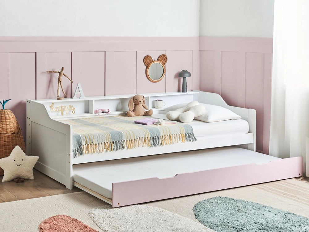 Letto a scomparsa in pino bianco e rosa letto da giorno con struttura in velluto misura singola 90 x 200 cm Telaio a doghe