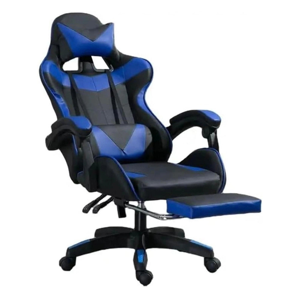 Trade Shop - Sedia Poltrona Ufficio Casa Ecopelle Cuscino Lombare Poggiatesta Piedi Blu Nero -