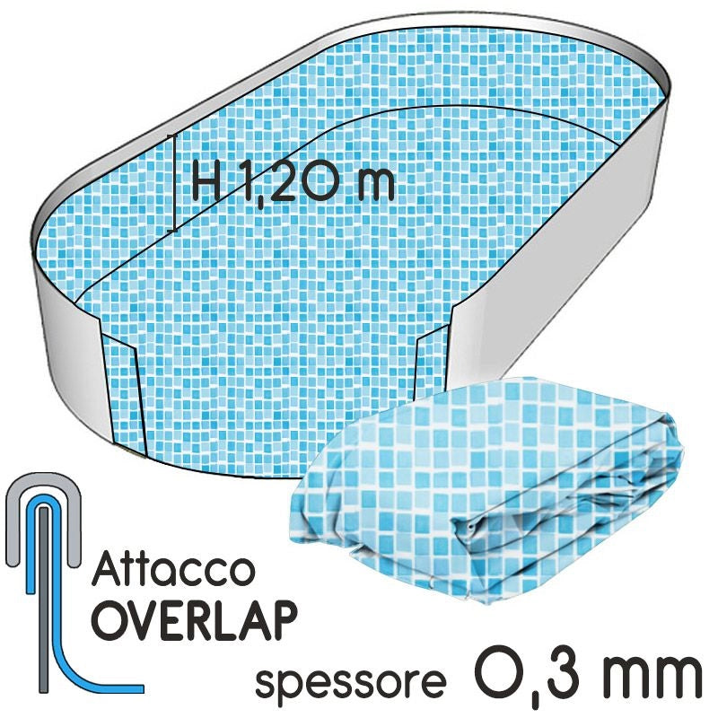 Liner Per Piscina A Forma Ovale 9,10 X 4,60 X H. 1,20 M Mosaico Azuro - Attacco Overlap - Spessore 0,30 Mm