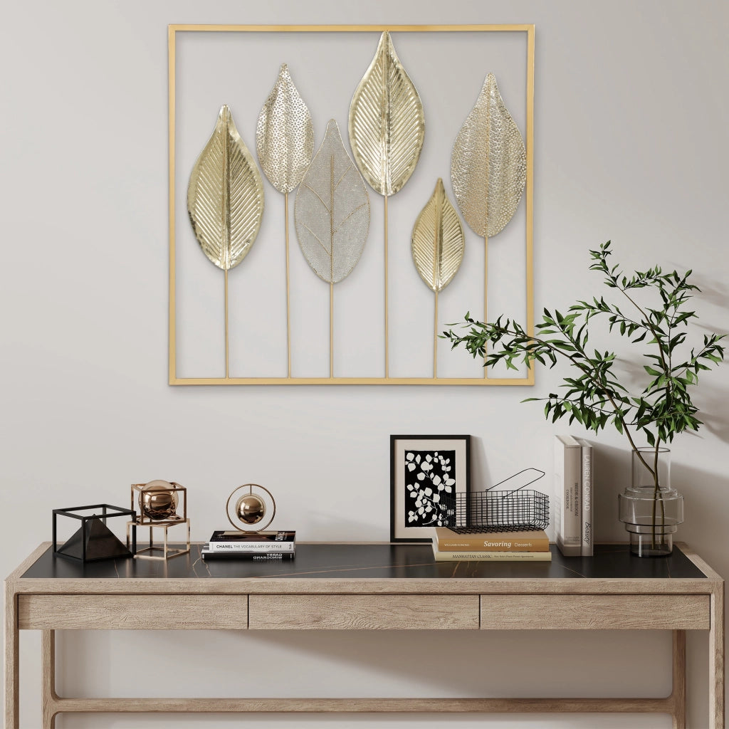 Cornice a parete in metallo con motivo foglia ¨C Zephmum ¨C Oro 30x40 cm