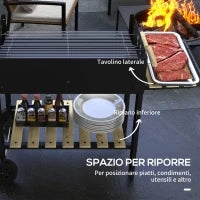 Barbecue a Carbonella ad Altezza Regolabile con 2 Griglie e 2 Ripiani, in Metallo e Legno, 113x53.5x82.5 cm, Nera