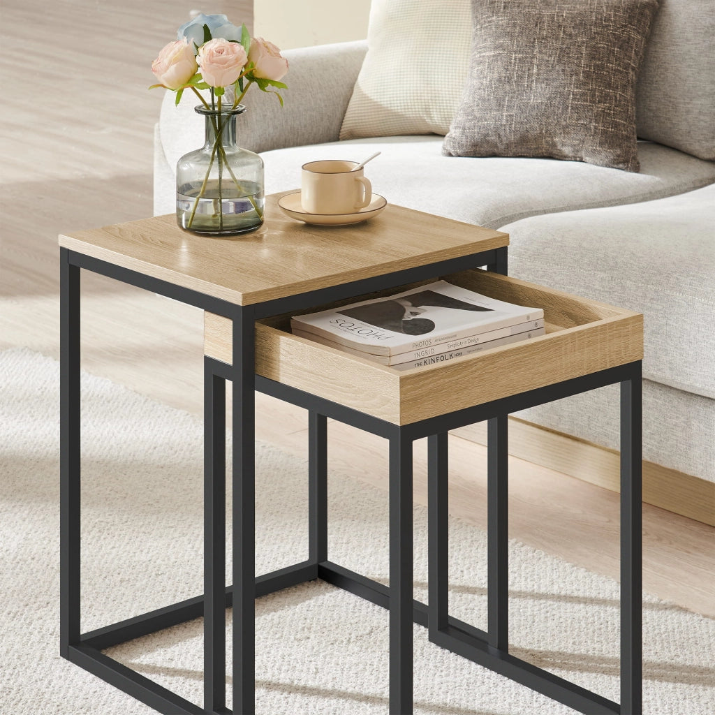 Tavolini da caffè Valora Set di 2 - Rovere Sonoma con struttura in acciaio nero