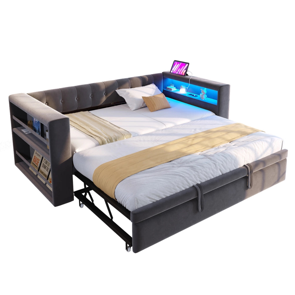 Divano letto multifunzionale 90/180x190 cm con LED, presa integrata e contenitori
