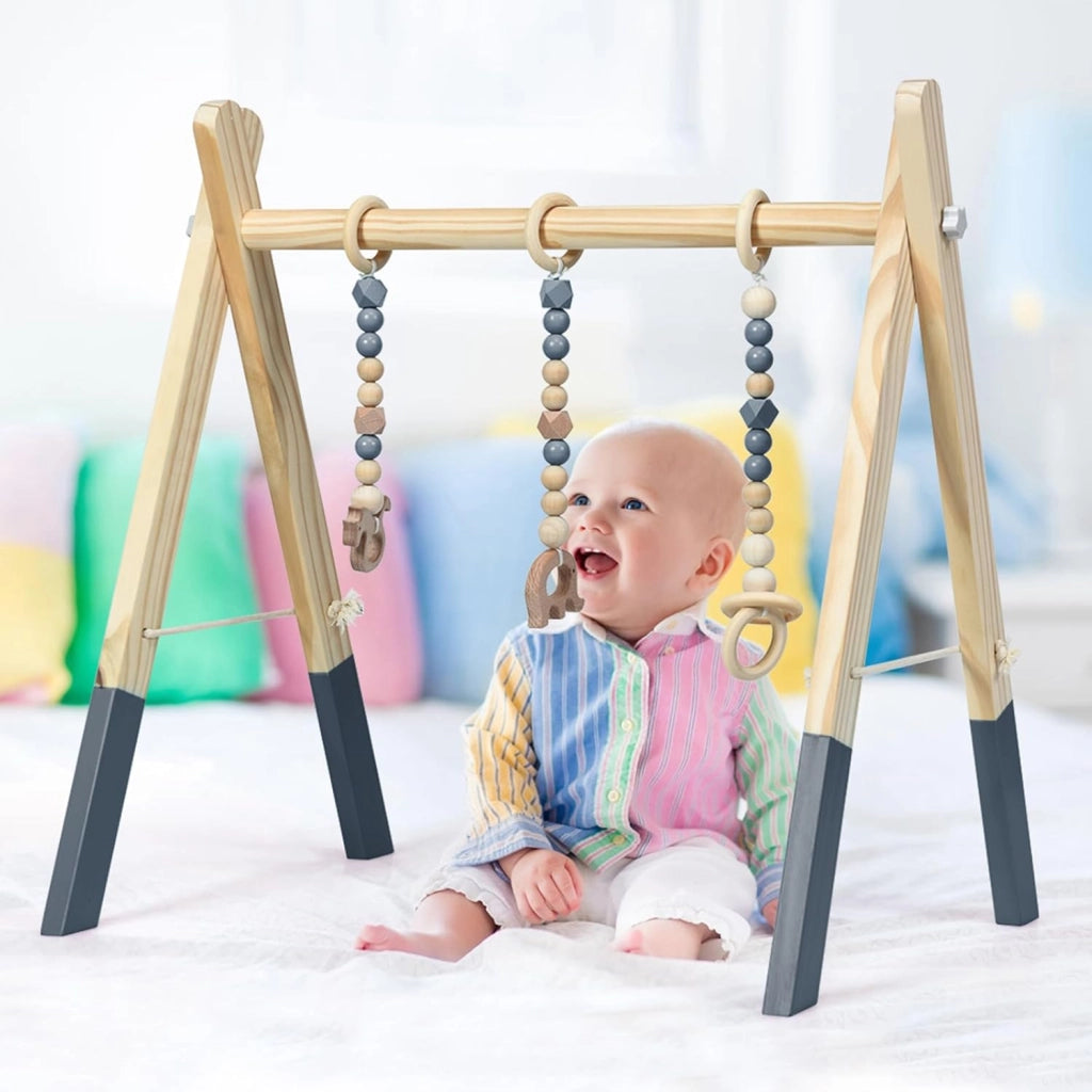 Palestrina per Bambini, Palestrina con Giocattoli per Dentizione Sviluppo Cerebrale Stimolazione Sensoriale, Pieghevole, in Legno, per Bambini 3+ Mesi (Grigio)