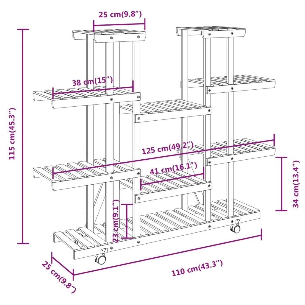 Portafiori con Ruote-Supporto per Piante Mobile-Rastrelliera per Fiori 110x25x115 cm in Legno Massello di Abete 635551