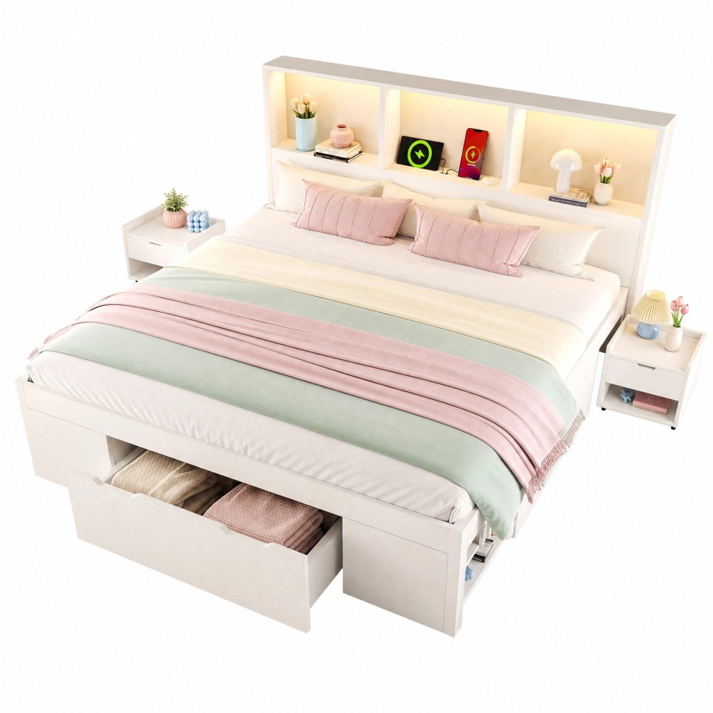 Letto matrimoniale 140x190 cm in legno bianco con LED; USB e 2 comodini mobili
