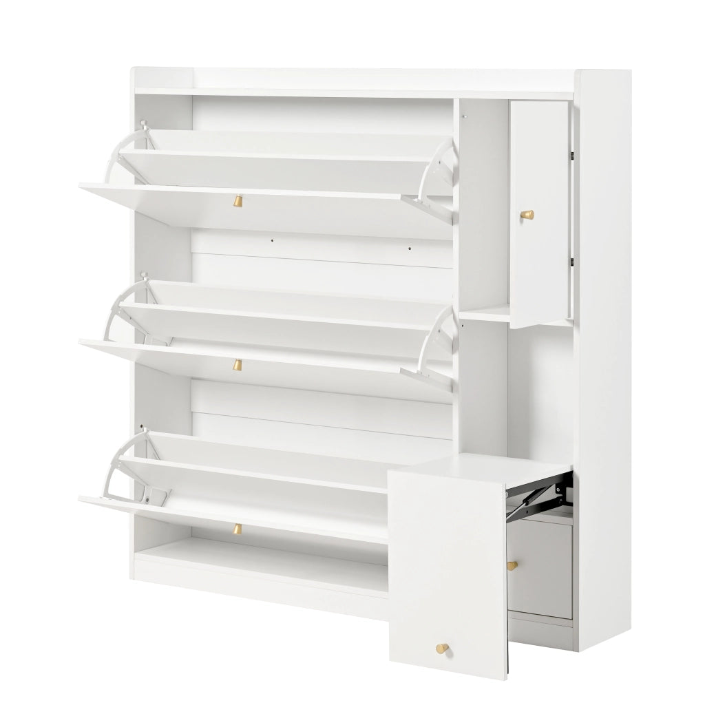 Scarpiera con 3 ante ribaltabili; cassetto e seduta - per ingresso - 119×24×122 cm - bianco