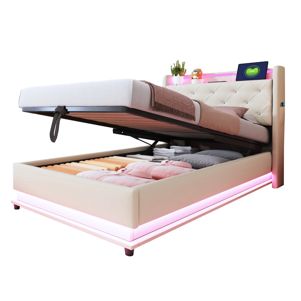 Letto singolo con contenitore 90 × 200 cm imbottito con LED; USB e Type-C; testiera apribile in lino beige
