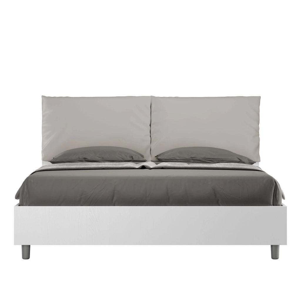 Letto matrimoniale contenitore doppia alzata 160x190 bianco frassino cuscini similpelle tortora Egos Antea