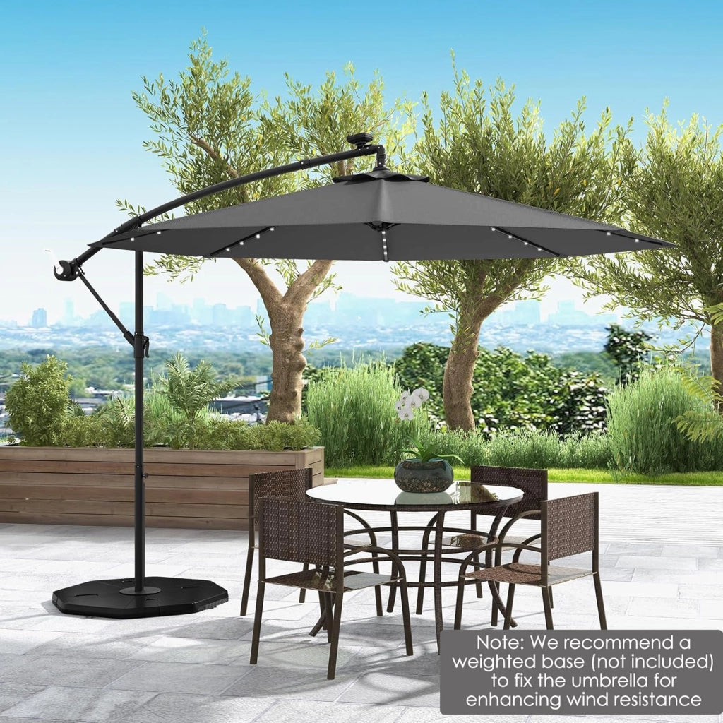 Ombrellone da Giardino 3m con Luci Solari, Ombrellone da Patio Anti UV con Base Croce, Ombrellone a Manovella da Esterno con Regolazione Inclinazione per Cortile, Piscina