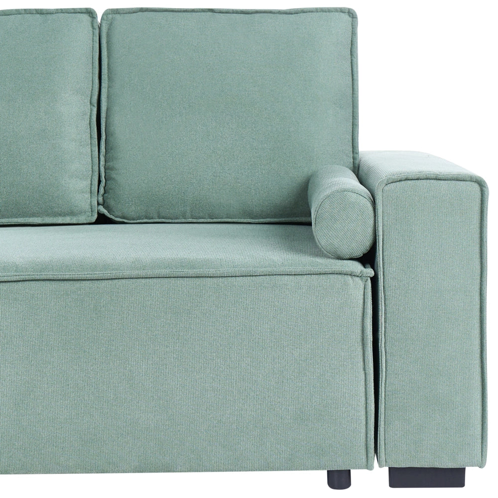 Divano letto angolare a 3 posti con rivestimento in tessuto verde chiaro, lato destro, con braccioli contenitore reversibili, stile moderno per soggiorno