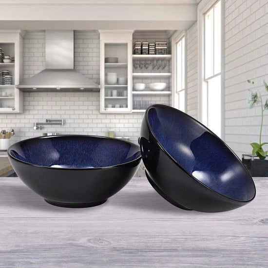 Ceramica blu per zuppa - 8 pollici - Tazza per ramen asiatica - Stile cinese - Piatto da servizio con set di piatti