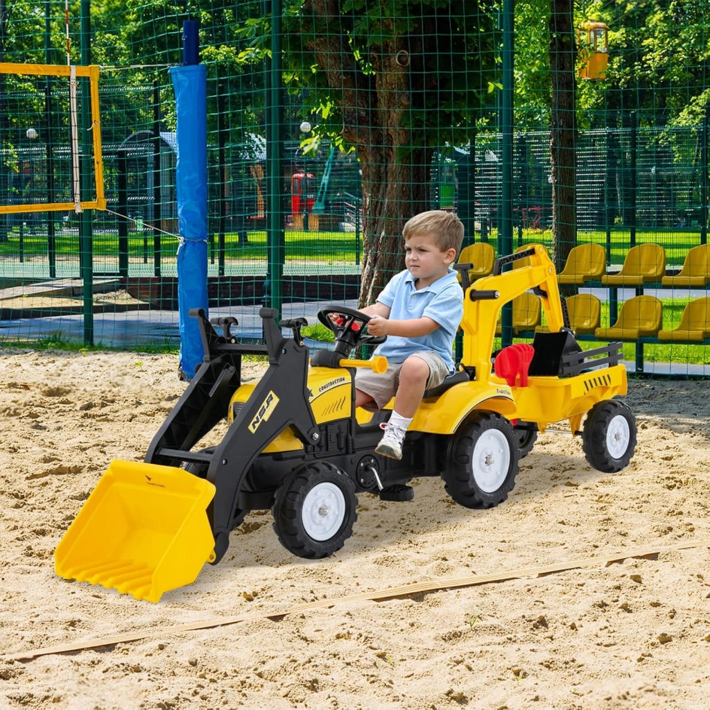 3 in 1 Escavatore per Bambini, Trattore con Rimorchio Staccabile Cavalcabile per Bambini, con 6 Ruote e 2 Benne, per 3-6 Anni (Giallo)