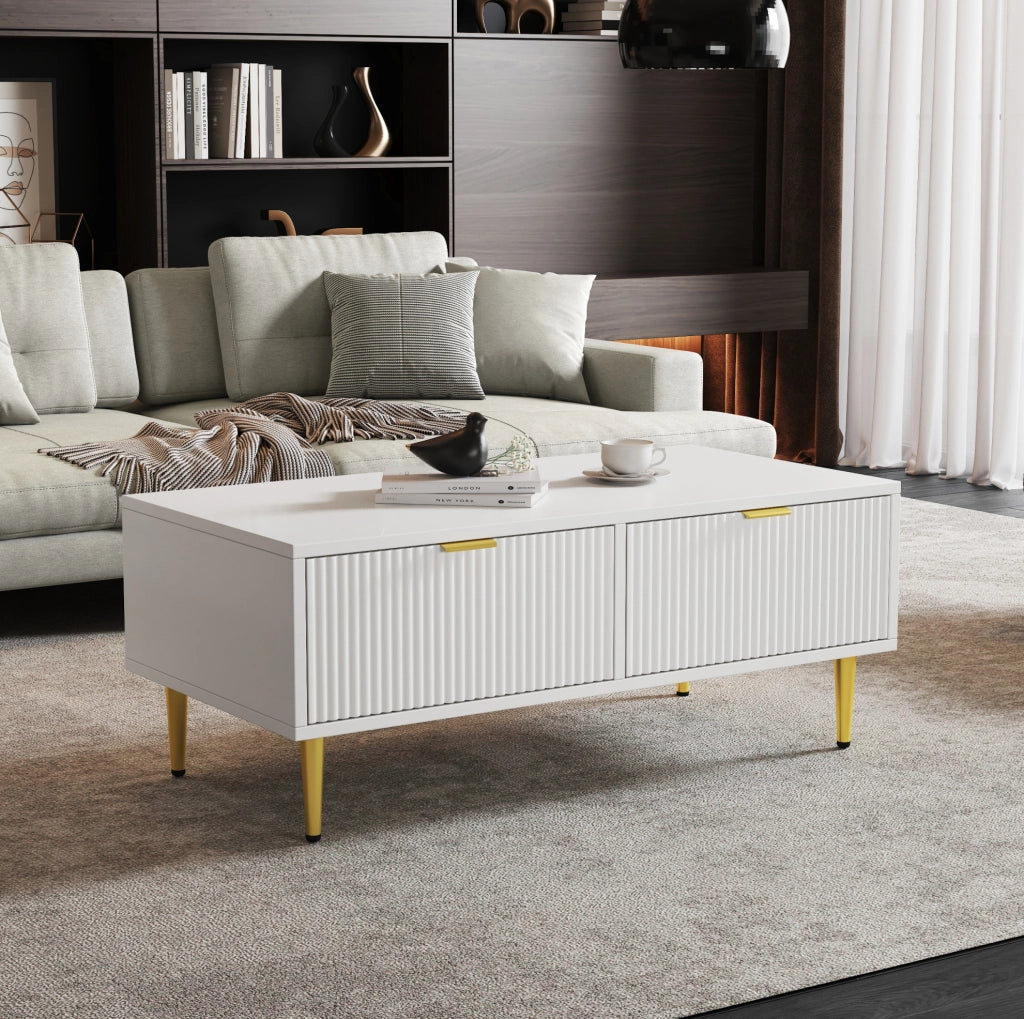 Tavolino da caffè bianco e oro con 2 cassetti; ripiano inferiore; MDF; 100x50x40 cm