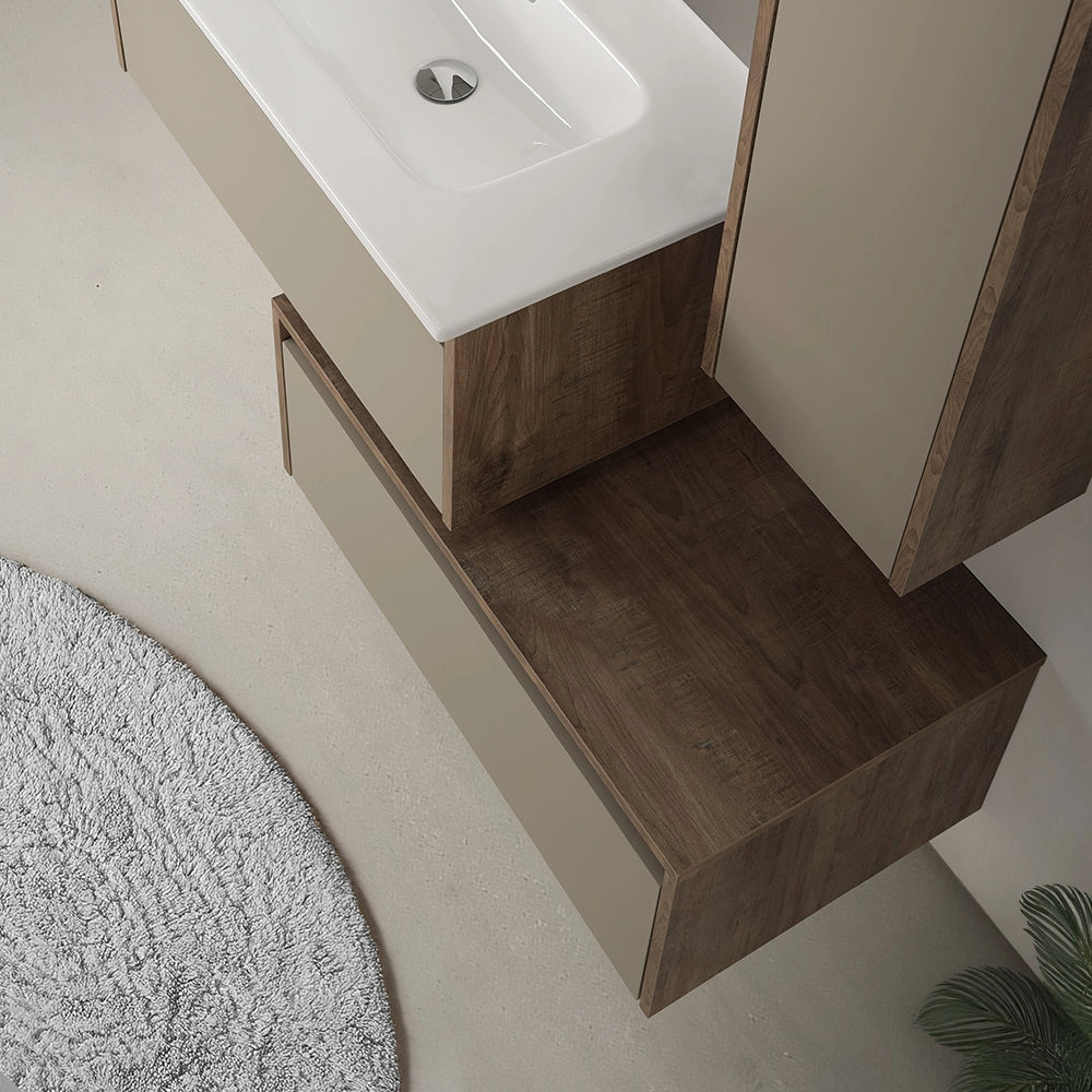Colonna bagno sospesa H120 cm in legno tabacco e tortora con anta reversibile Smok
