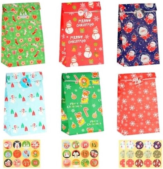 Set di Sacchetti di Natale - 24 pezzi Sacchetti di Carta di Qualità con Sticker Festivi