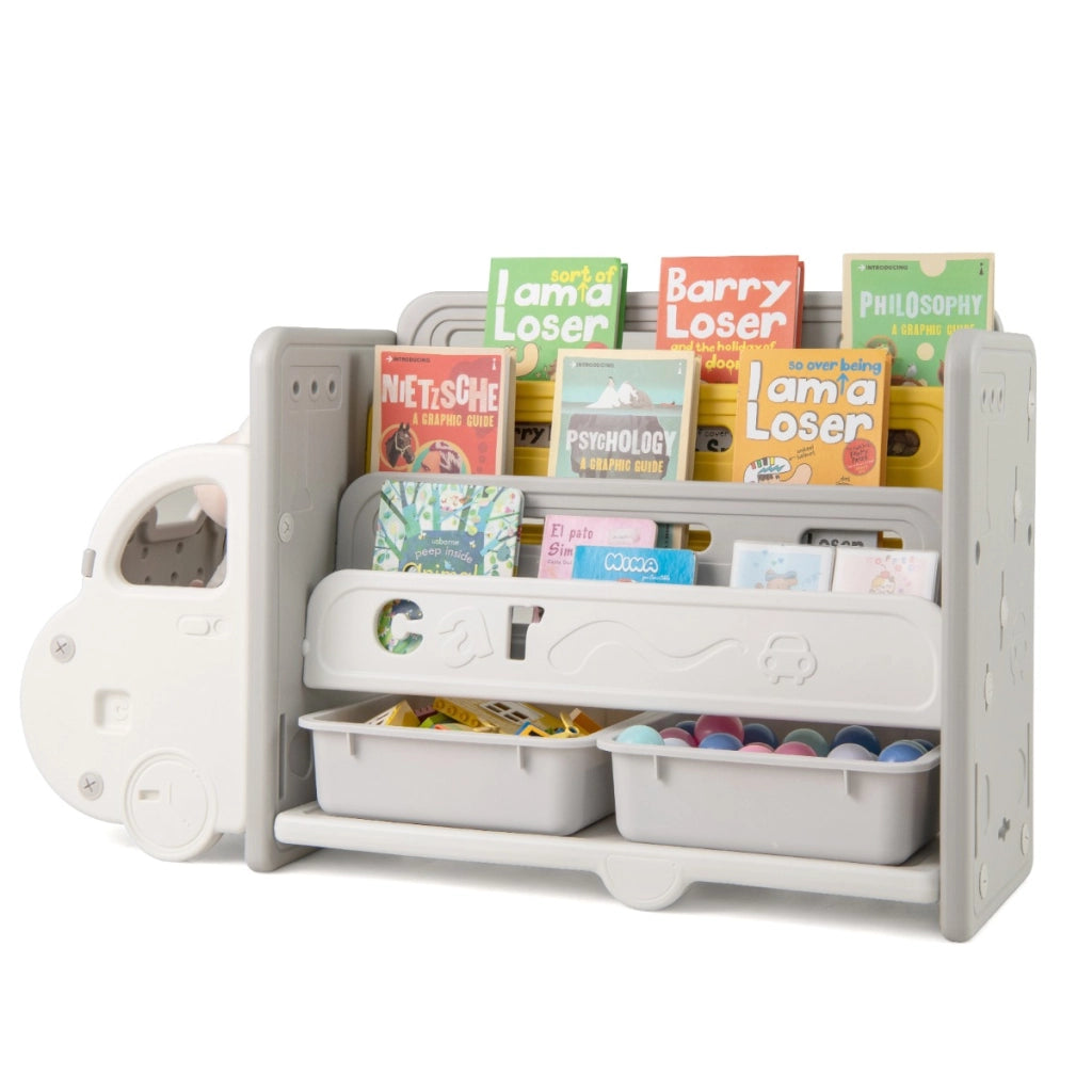 Scaffale per giocattoli e libri per bambini, Libreria a tema auto con 3 ripiani 2 scatole e ruote decorative Beige e Grigio