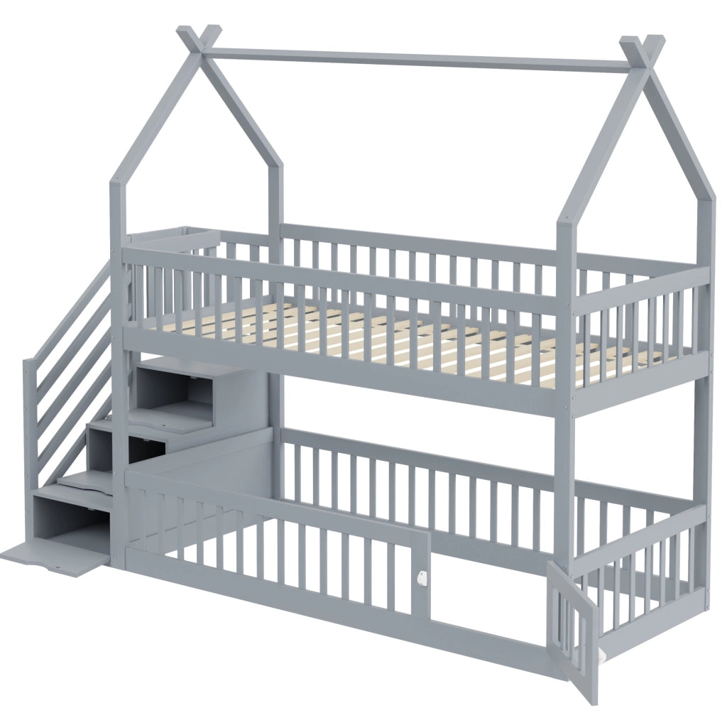 Letto a castello 90x200 cm con tetto; scala con cassetti e porticina in legno grigio