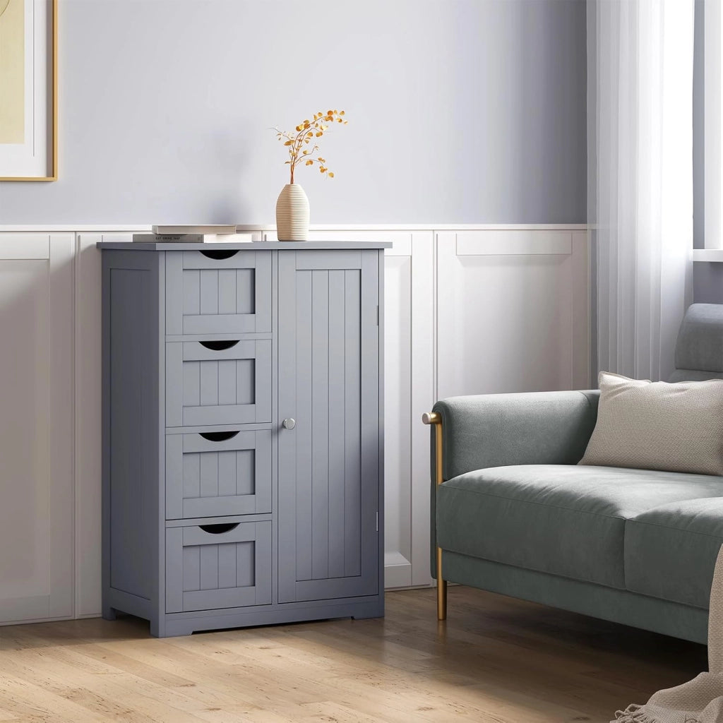 Cassettiera, Mobile da Bagno con 4 Cassetti e 2 Scomparti Regolabili, Mobile Portaoggetti per Bagno/Camera da Letto/Corridoioo/Cucina, Grigio, 56x30x81 cm