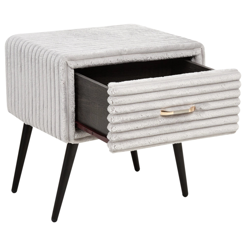 Comodino con rivestimento in velluto grigio chiaro con 1 cassetto Mobili per camera da letto dal design minimalista