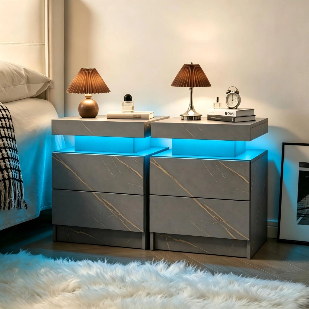 Comodino con 2 cassetti e vano aperto con LED per camera da letto; in truciolare; grigio oro; 58×41.5×36 cm
