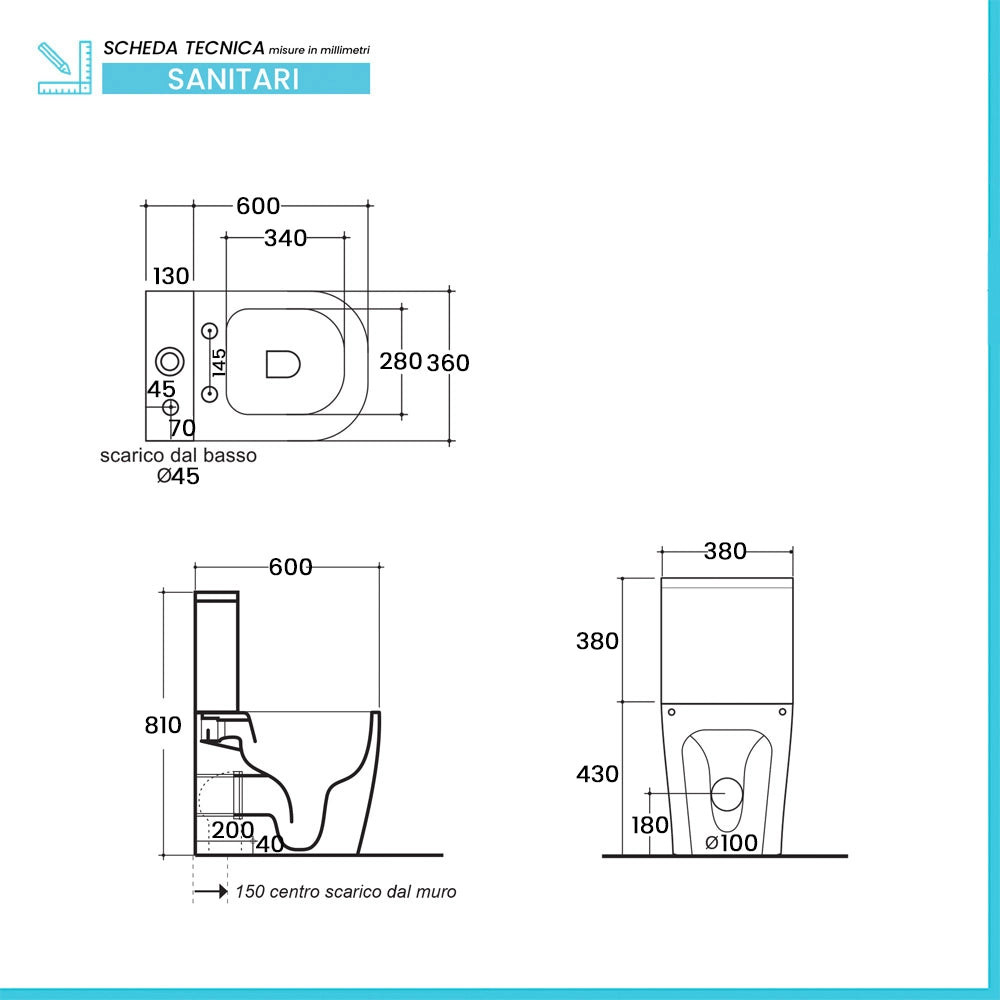 Sanitari filo muro monoblocco in ceramica bianca con sedile soft close Sara