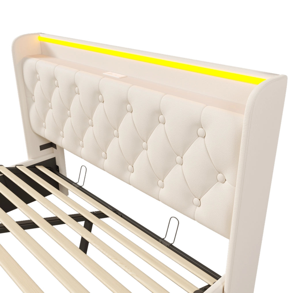 Letto matrimoniale imbottito 140x190 cm in PU bianco con LED; contenitore idraulico e USB Tipo-C