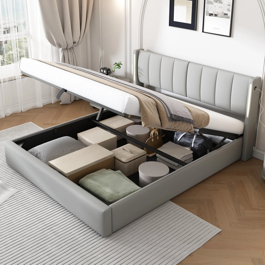 Letto matrimoniale 180x200 cm in PU grigio con LED e USB