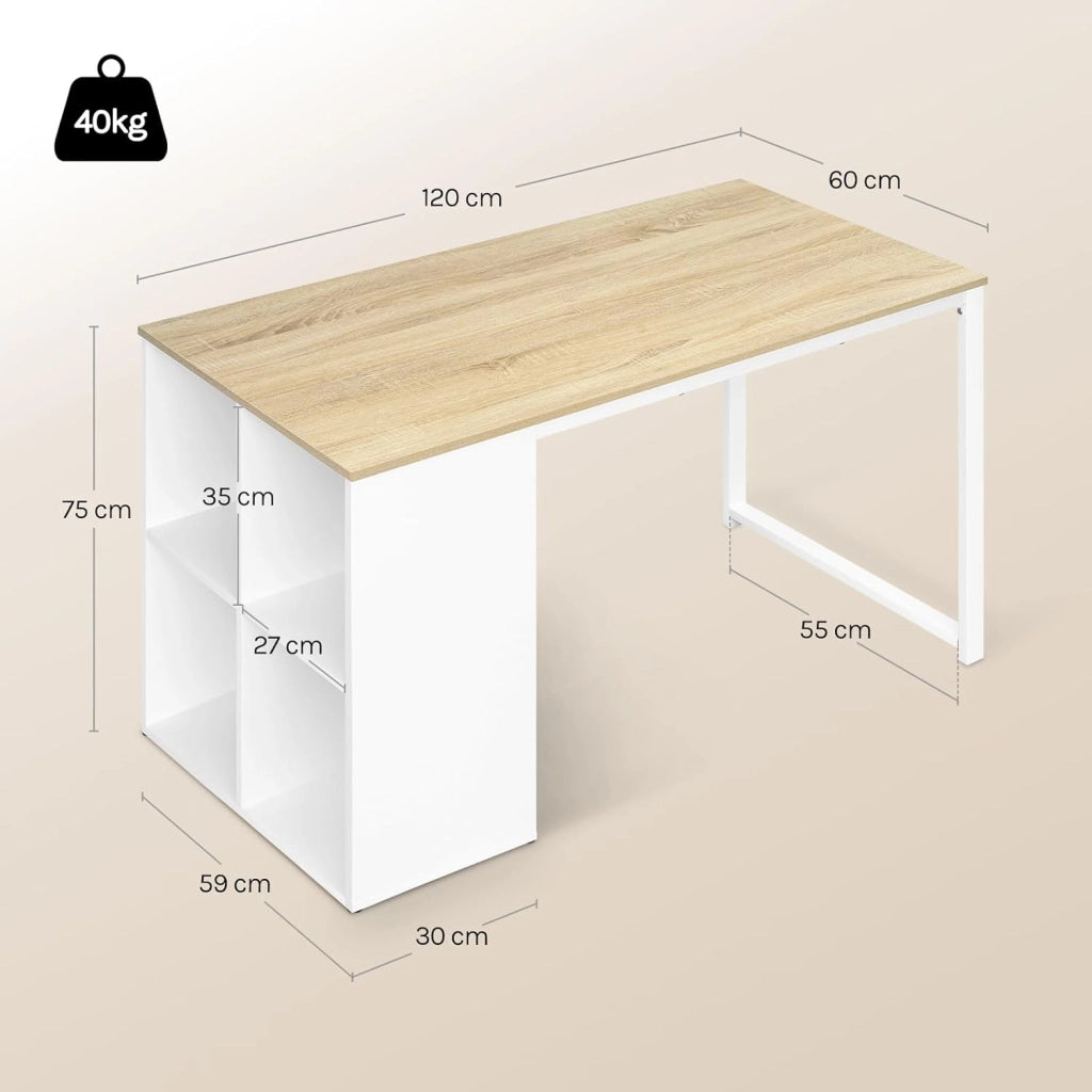 Scrivania Ufficio Compatta con Libreria Integrata, 120x60x75 cm, Design Salvaspazio per Studio/Camera, Bianco+Rovere Naturale