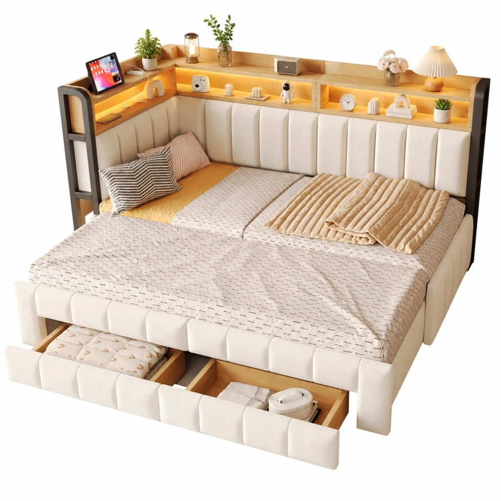 Divano letto imbottito 90x200 cm estensibile in 180x200 cm con contenitori, cassetti, LED e porte USB/Type-C, velluto beige