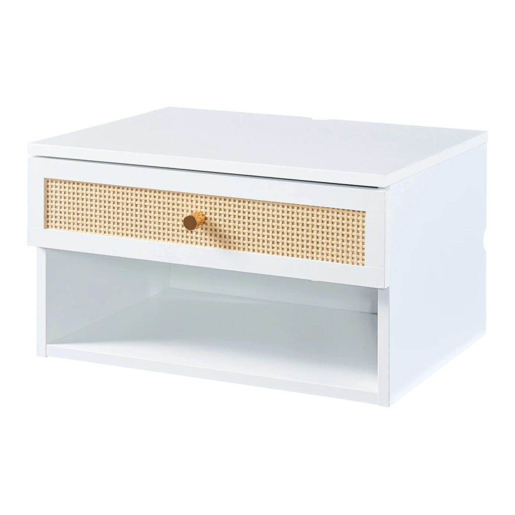 Scaffale dal design senza tempo per soggiorno o camera da letto mobiletto portaoggetti da parete 40 x 32 x 23 cm effetto rattan bianco 03_0011239
