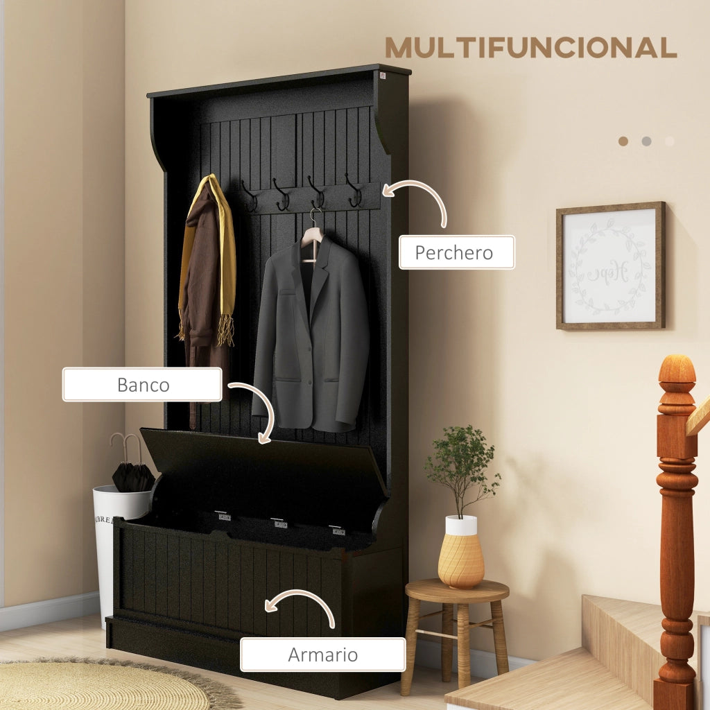 Appendiabiti con Panca Portascarpe e 5 Ganci ¨C Xylo ¨C Nero Moderno 96x34x179,7 cm