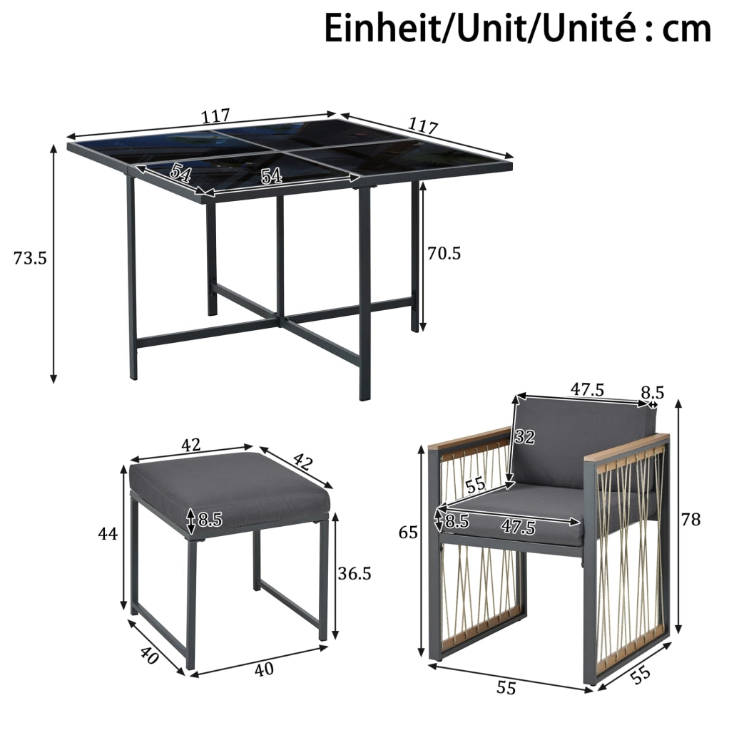 Set da giardino da pranzo 7 pezzi per 6 persone con tavolo in vetro temperato e cuscini; nero e naturale