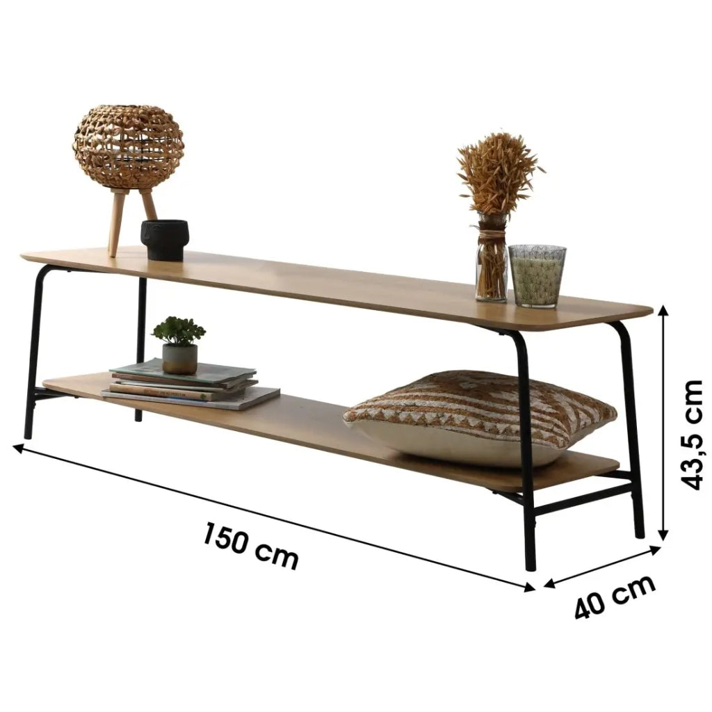 Mobile TV stile industriale collezione PAGNOL - Colore rovere chiaro, dimensioni 150x40xH44 cm