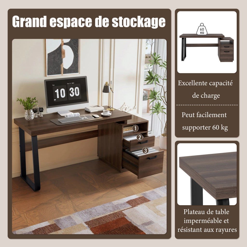 Scrivania lineare con vano aperto e cassetto silenzioso in MDF e metallo marrone 135 × 54 × 76,4 cm