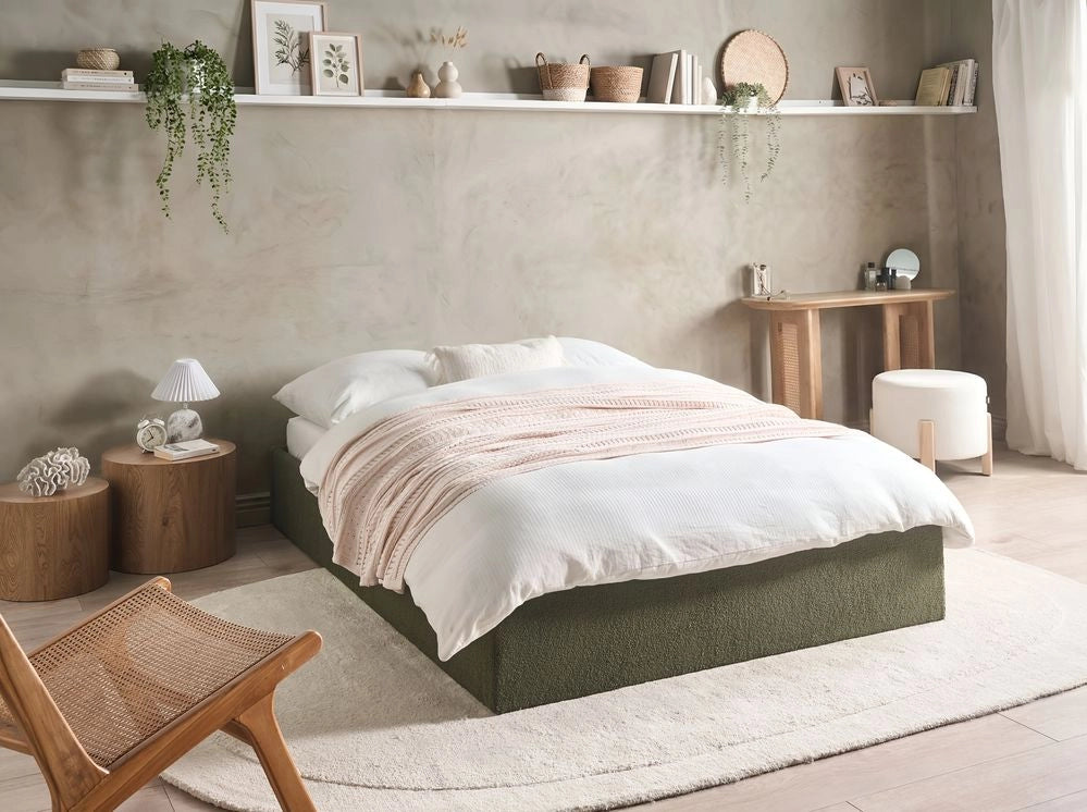 Letto matrimoniale con contenitore in tessuto bouclè verde sporco 140 x 200 cm stile moderno