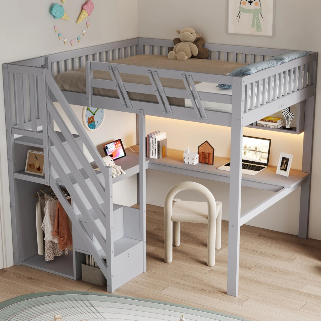 Letto a soppalco ULEVR 140x200 cm con scrivania, scala contenitore, LED e presa USB, grigio