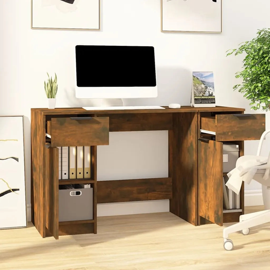 Scrivania | Tavolo da Ufficio con Mobile Laterale Rovere Fumo in Legno Multistrato
