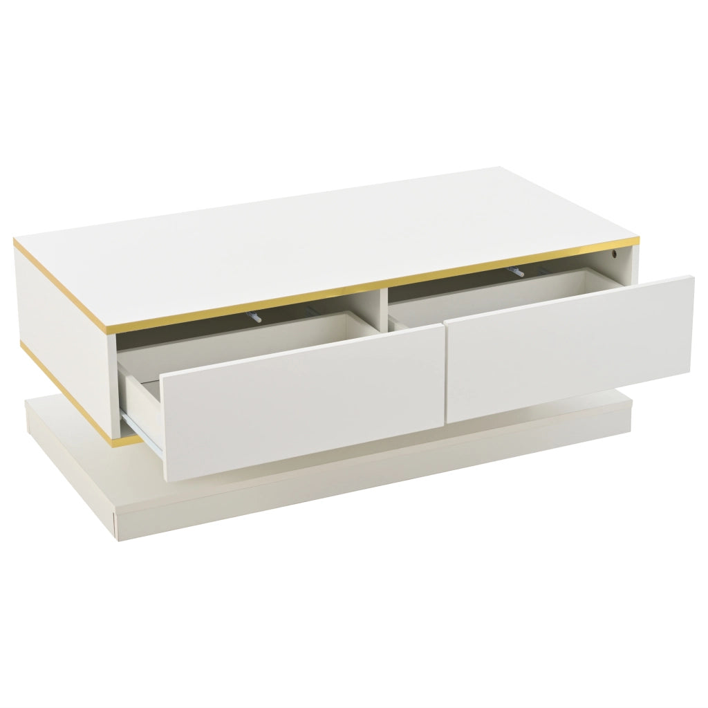 TAVOLINO DA SALOTTO 100 x 50 x 38 cm Bianco caldo con bordi oro e 2 cassetti