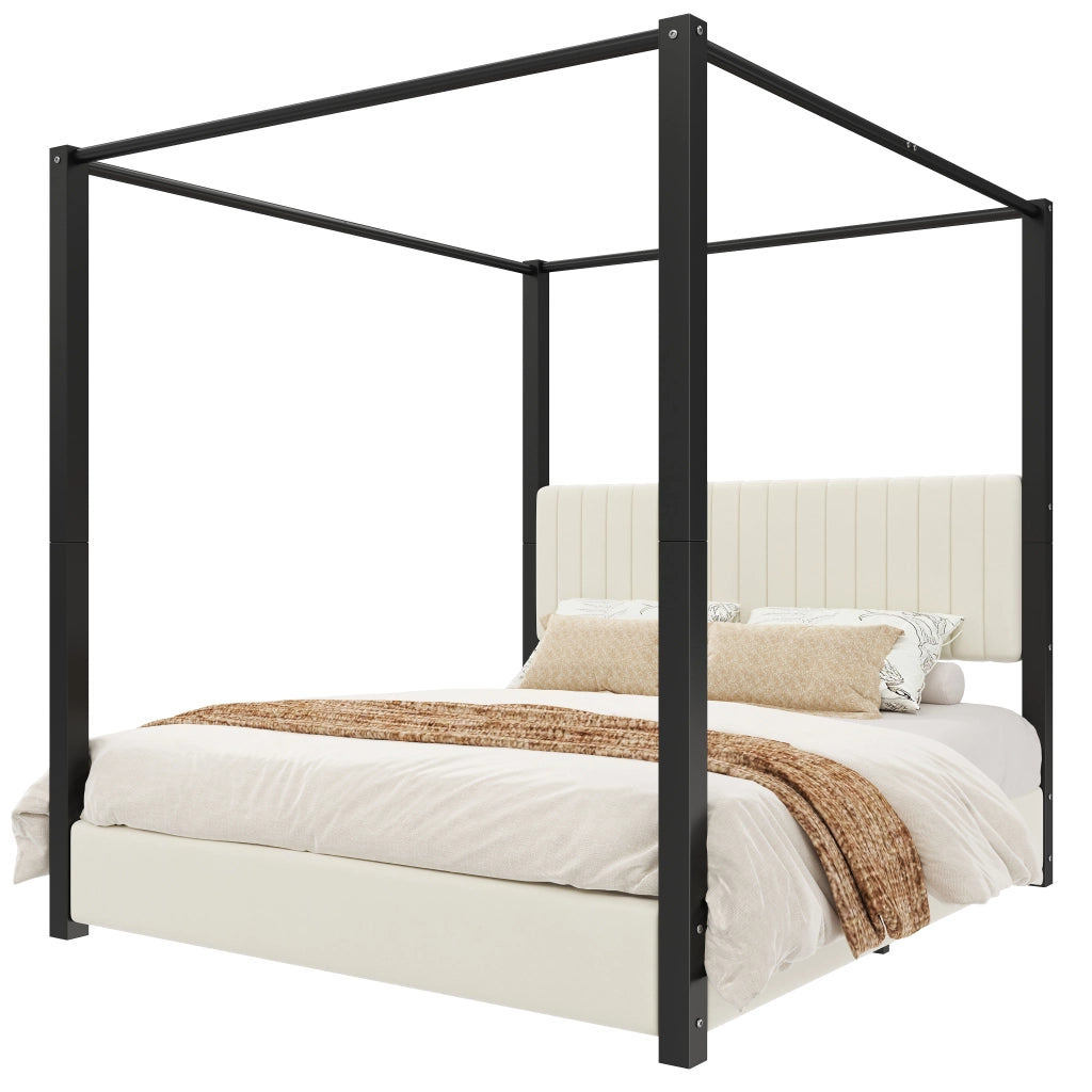 Letto imbottito con baldacchino in metallo, 180x200 cm, beige/nero