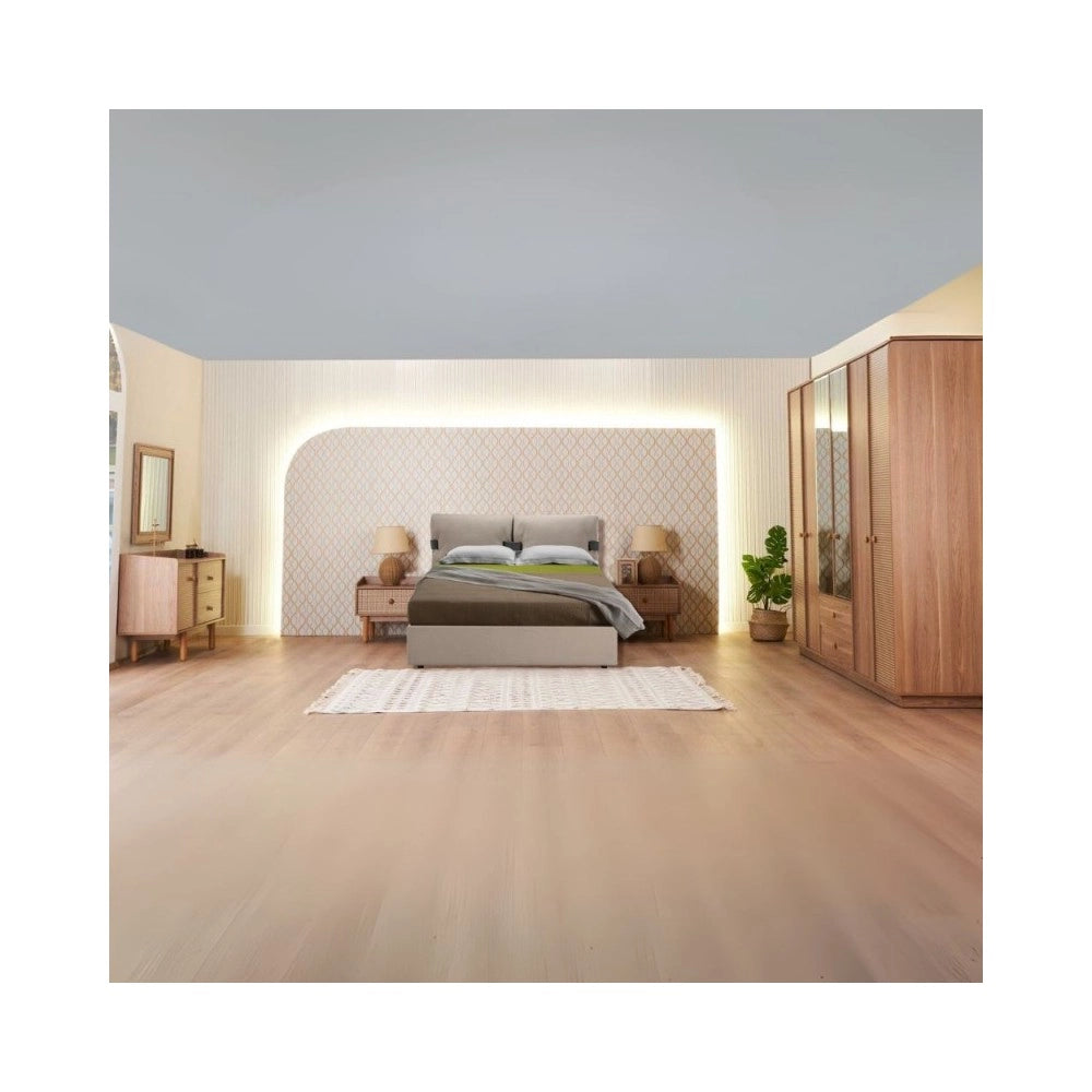 Camera da letto Natura colore rovere miele effetto vimini e armadio a specchio