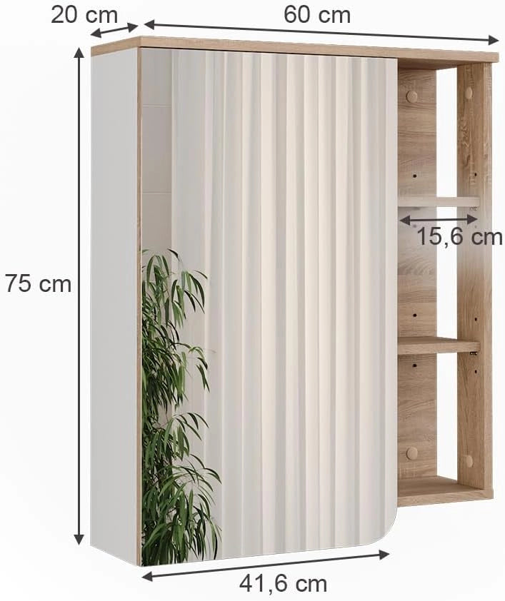 Mobile a specchio Karen, Sonoma/Bianco, 60 x 75 cm, con specchio e ripiani aperti per montaggio a parete