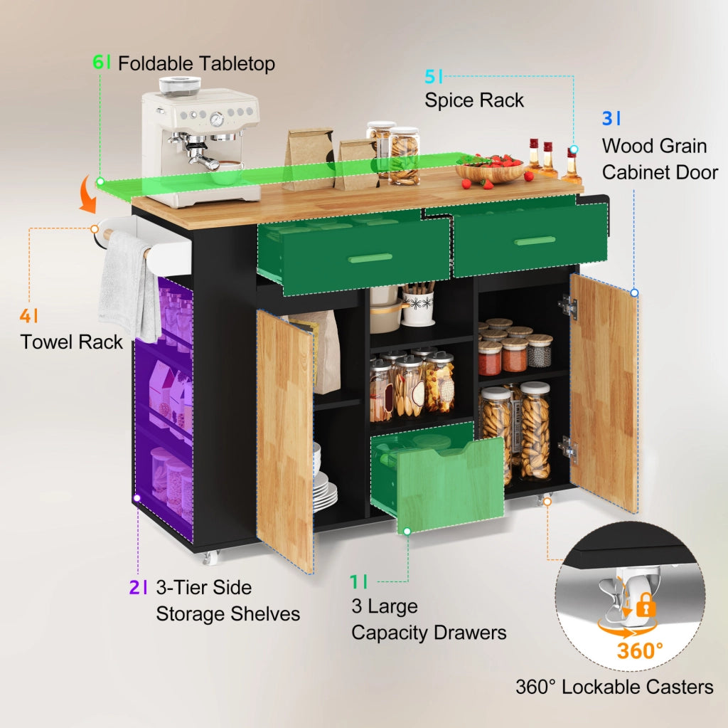 Isola cucina mobile con piano ribaltabile e cassetti