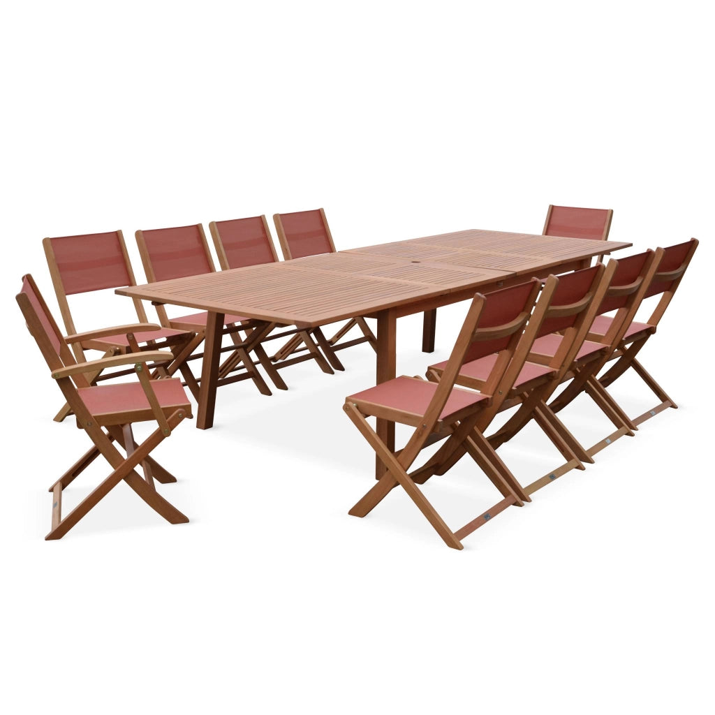 Set tavolo da giardino estensibile in legno con 10 sedie, marrone