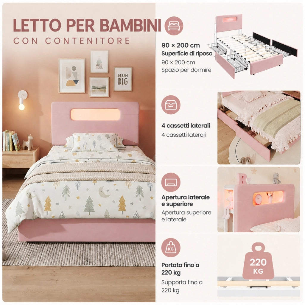 Letto imbottito rosa 90x200 cm con quattro cassetti laterali; velluto