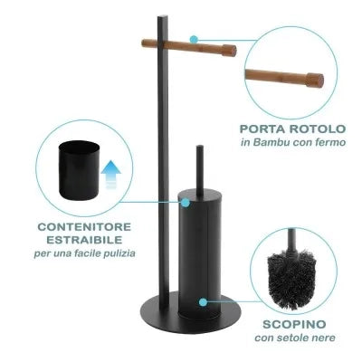 Piantana Portascopino e Portarotolo Nera  e Legno di Bambù