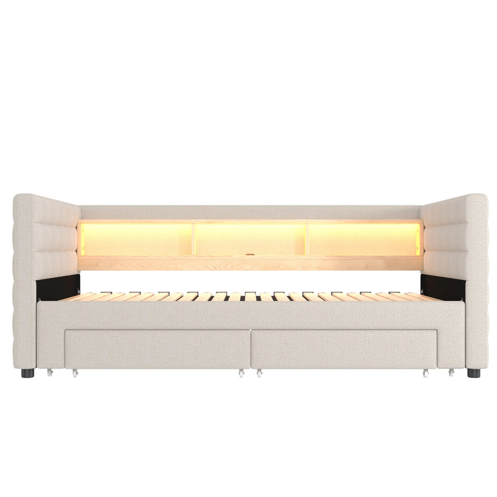 DESMIU Divano letto 90 × 190 cm 1 posto con LED, USB, Type-C, 2 cassetti e vani, senza materasso, in velluto beige