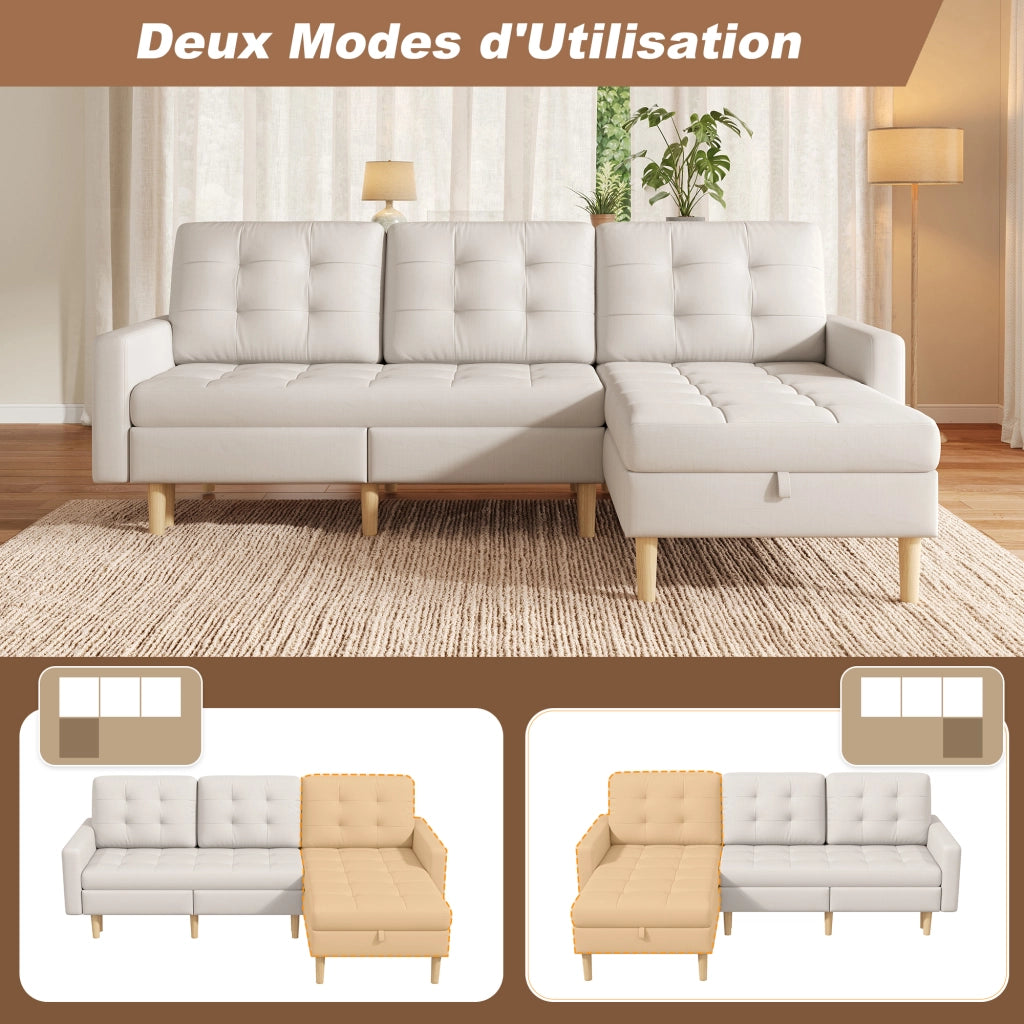 Divano ad angolo reversibile con vano contenitore, 3 posti, in tessuto, Beige 212 × 130 × 86 cm