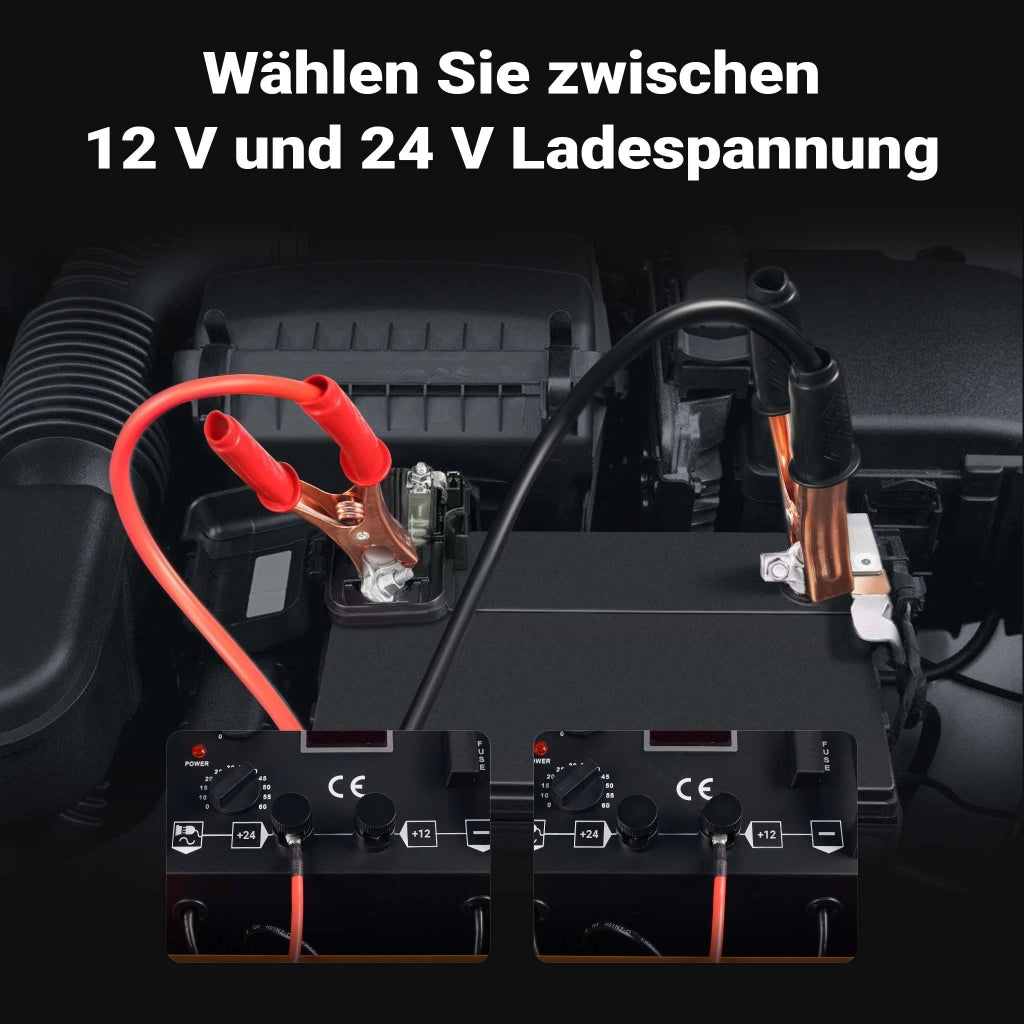 Caricabatterie da 12V e 24V con ruote, funzione d'avviamento, ricarica rapida