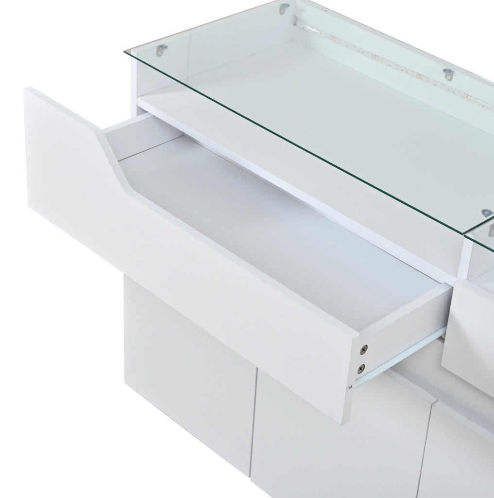 Credenza 140x40x70 cm con 2 cassetti, LED USB e piano in vetro temperato bianco